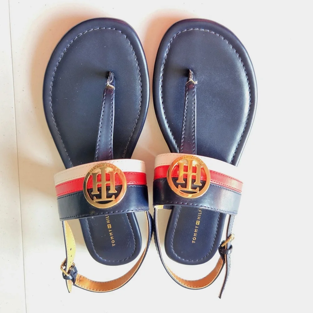 Tommy Hilfiger Jesi Navy Blue Red White Logo Thong Slingback Wedge Sandals 8M